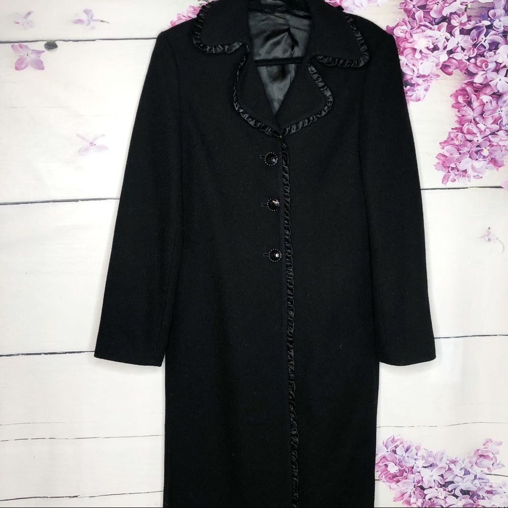 Express | Black Long Coat Ruffle Trim Collar